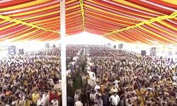 TDP cadre who were sitting before the dais jubilated and waved the TDP flags as soon as Chandrababu Naidu began oath taking programme