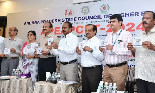 Higher education principal secretary J Syamala Rao releasing the results on EAPCET 2024 in Vijayawada on Tuesday. APSCHE chairman K Rama Mohana Rao, Prof G V R Prasada Raju, vice-chancellor, JNTU Kakinada, Prof Venkat Reddy, convenor, EAPCET JNTU Kakinada and other officials are also seen  Photo Ch Venkata Mastan