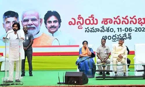 Pawan Kalyan addressing the meeting of legislators of three NDA parties at A Convention Centre in Vijayawada on Tuesday. TDP chief N Chandrababu Naidu, BJP state chief D Purandeswari and TDP state president K Atchannaidu are also seen.