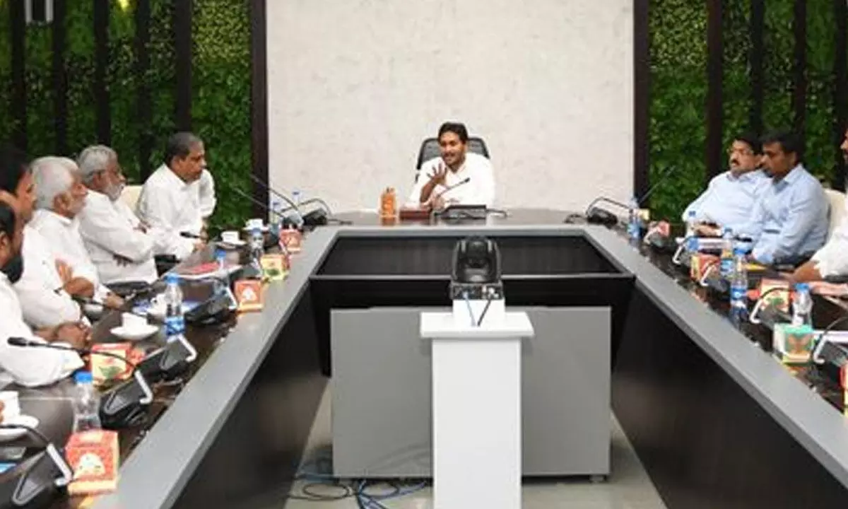 YSRCP chief Y S Jagan Mohan Reddy holding a meeting with his party MPs at his residence in Tadepalli on Friday