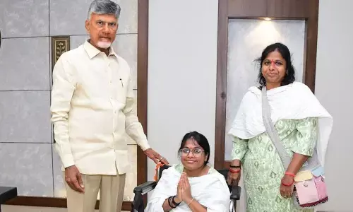 Arudra (right), a native of Kakinada, along with her daughter Sailakshmi Chandra, meeting Chief Minister N Chandrababu Naidu at the Secretariat at Velagapudi on Friday