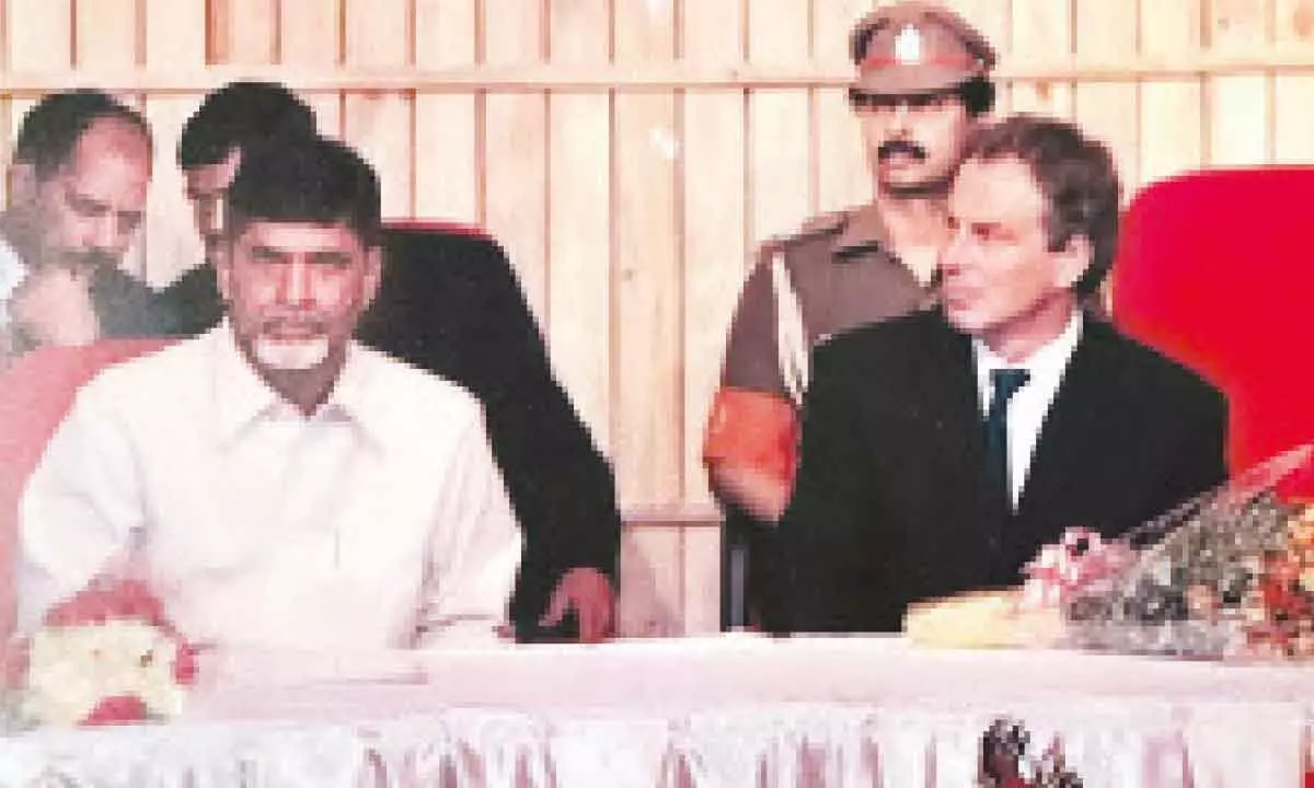 CM Chandrababu Naidu and UK Prime Minister Tony Blair  address a meeting after the latter inaugurated Centre for Good Governance (CGG) on the campus of HRD Institute in Hyderabad 2001