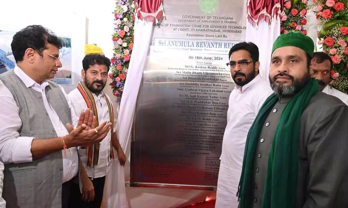 Chief Minister A Revanth Reddy laying foundation stone for Advanced Technology Centre at ITI, Mallepally, in Hyderabad on Tuesday