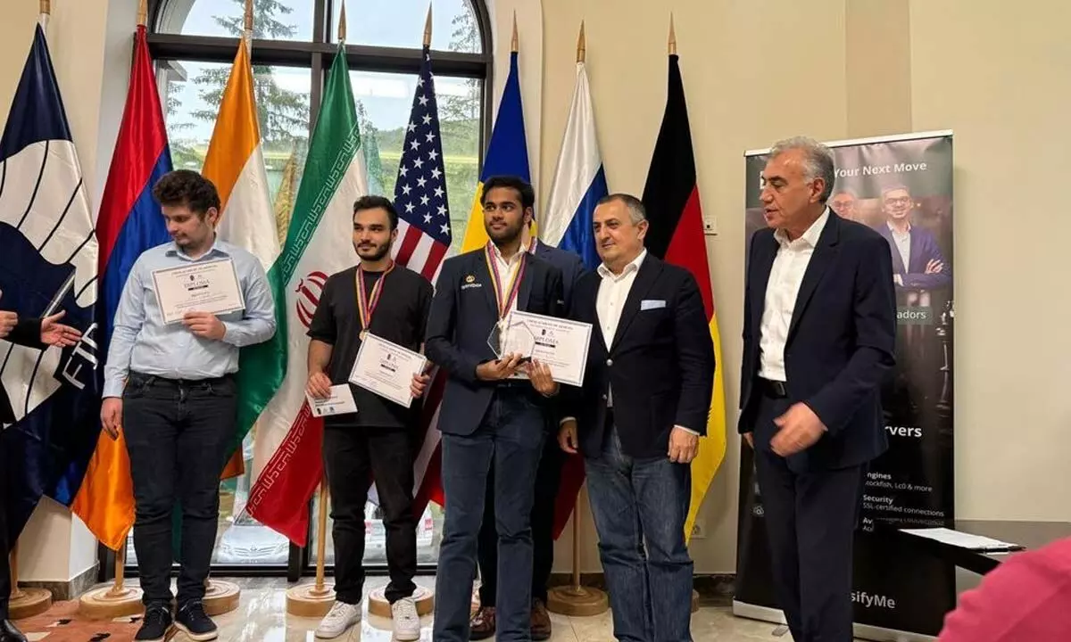 GM Arjun Erigaisi receiving the 5th Stepan Avagyan Memorial 2024 title from the organisers in Jermuk, Armenia, on Monday
