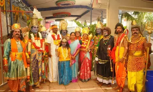 Mayor Dr R Sirisha along with Rayalaseema Rangasthali (RR) members at Gangamma temple in Tirupati on Tuesday. RR chairman Gundala Gopinath Reddy is also seen.