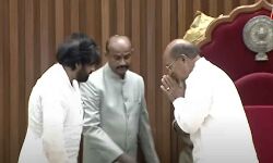 Pawan Kalyan greets the pro tem speaker Butchaiah Chowdary