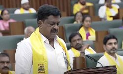 Senior TDP leader and finance minister Payyavula Keshav takes oath in the legislative assembly