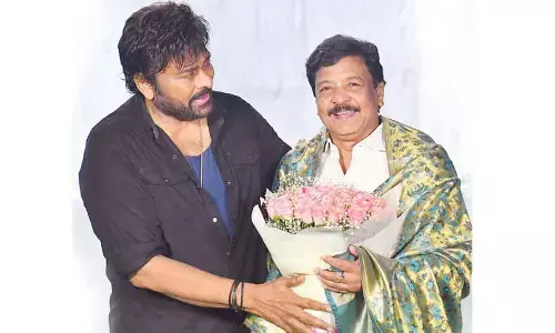 Mega star Chiranjeevi welcomes minister for tourism and cinematography onthe sets of Viswambhara in Hyderabad on Thursday