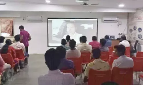 People watching the video inside the Safety Driving Education Centre at Deputy Transport Commissioner’s office in Guntur