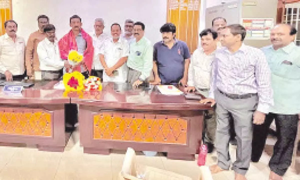 A Vidyasagar is being felicitated after he was elected as honorary chairman of the Federation of Employees of the Govt Undertakings in Vijayawada on Sunday