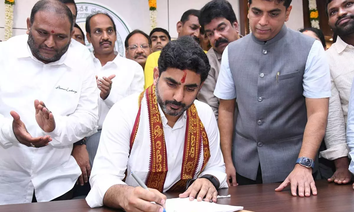 Minister for human resources, IT and electronics Nara Lokesh assuming office at the Secretariat on Monday