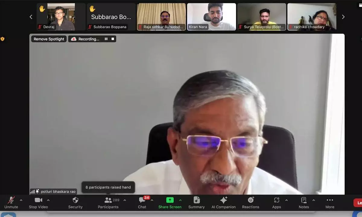President of AP Chambers Potluri Bhaskara Rao addressing the Non-Resident Indians through a virtual meeting soliciting investments into Andhra Pradesh on Sunday