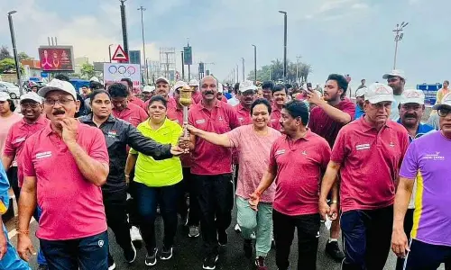 MLA & Indian Volleyball Federation vice-president PGVR Naidu launching the run in Visakhapatnam on Sunday