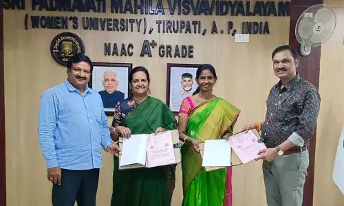 SPMVV Vice-Chancellor Prof D Bharathi, Registrar Prof N Rajani, YVU Registrar Prof YP Venkatasubbaiah showing MoU papers in Tirupati on Sunday
