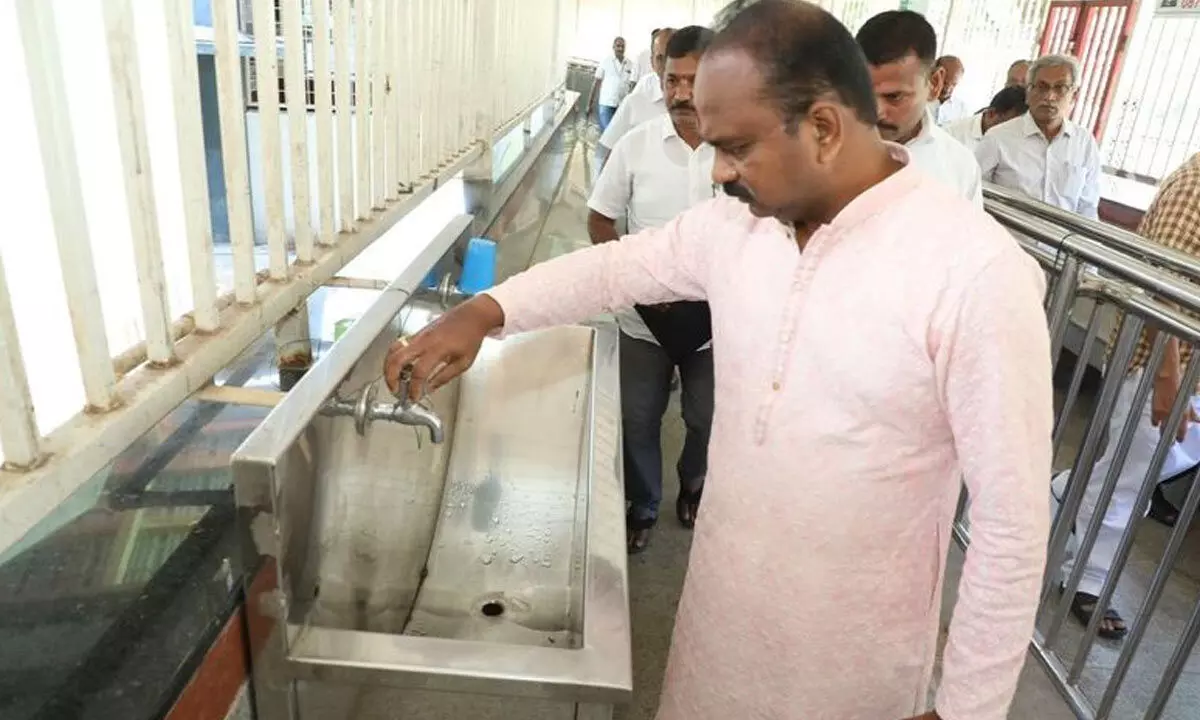 TTD EO J Syamala Rao inspecting water supply in Narayanagiri sheds in Tirumala on Monday