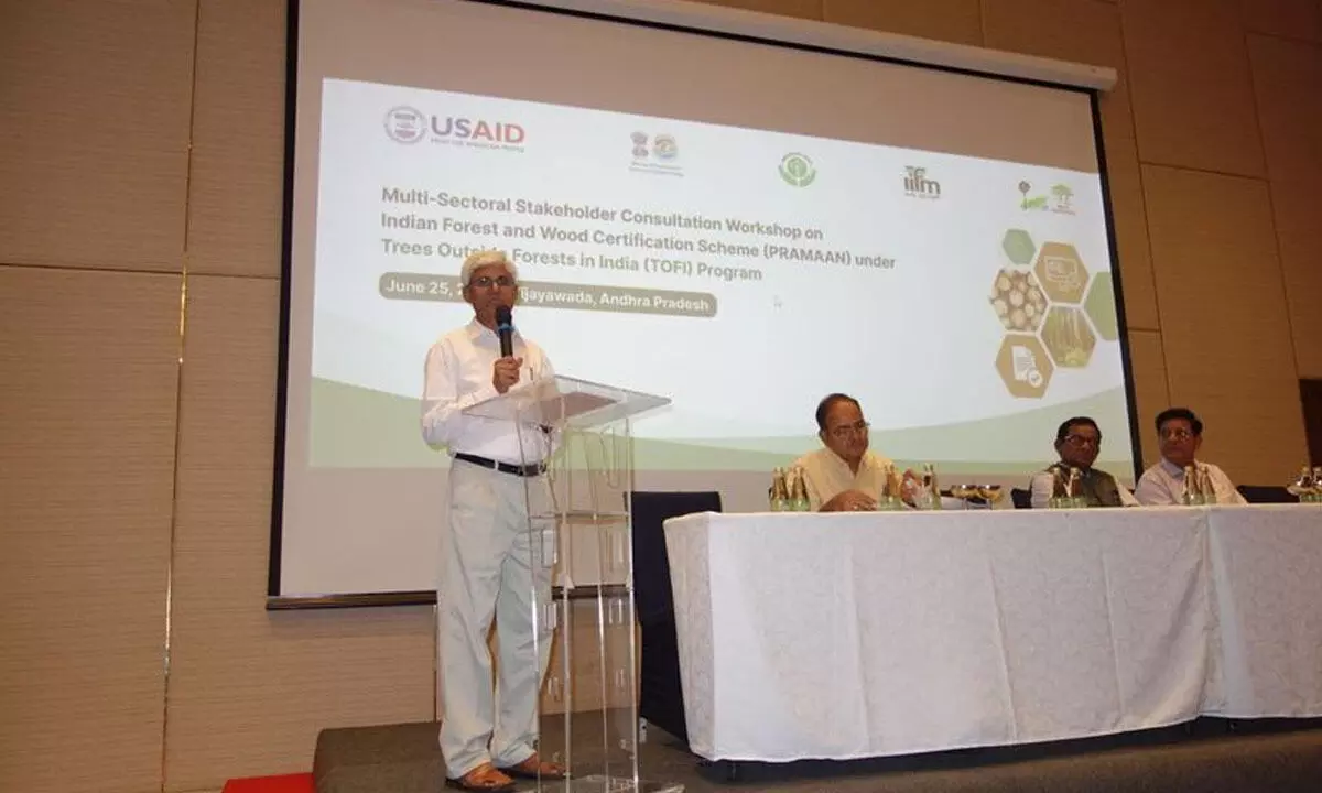 Dean of Indian Institute of Forest Management, Bhopal Dr Manmohan Yadav addressing the workshop on Agroforestry in Vijayawada on Tuesday