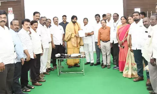 AP JAC Amaravati leaders congratulate Dy CM Pawan Kalyan at Jana Sena Party office at Mangalagiri on Tuesday