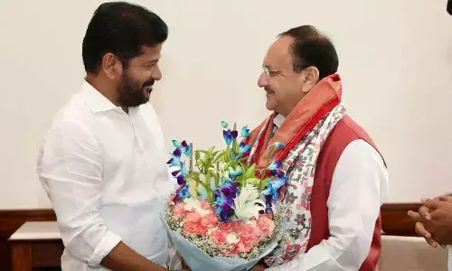 Union Minister J P Nadda with CM Revanth Reddy in New Delhi on Tuesday