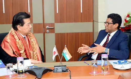 Sri City MD Ravindra Sannareddy and Consul General of Japan in Chennai Takahashi Muneo at a meeting on Tuesday