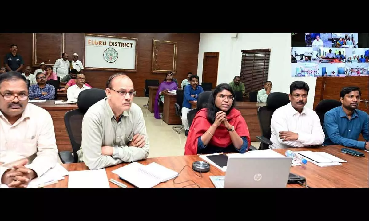 Collector K Vetri Selvi holding a video conference with officials to prevent spread of diarrhoea in Eluru on Thursday