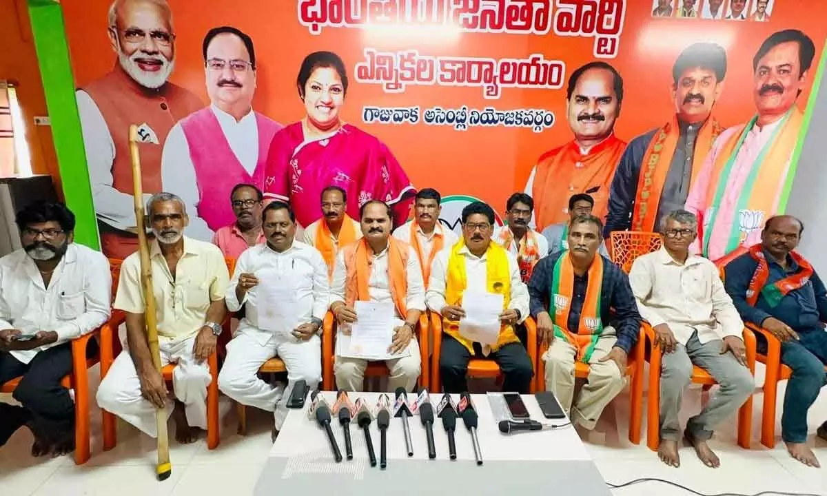 BJP Gajuwaka convener K Narasinga Rao addressing media in Visakhapatnam on Thursday