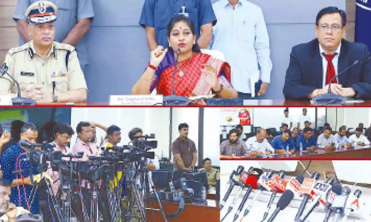 Home minister Vangalapudi Anitha addressing the media at state police headquarters in Mangalagiri on Thursday. DGP Ch Dwaraka Tirumala Rao is also seen.