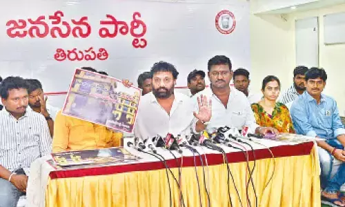 Jana Sena Party Tirupati constituency in-charge Kiran Royal speaking to media in Tirupati on Thursday