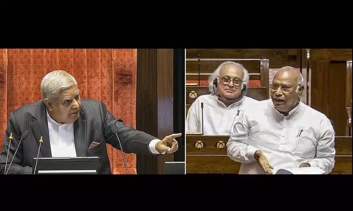 Congress MP Mallikarjun Kharge speaks as Rajya Sabha Chairman Jagdeep Dhankhar conducts proceedings of the House during the ongoing Parliament session, in New Delhi on Friday