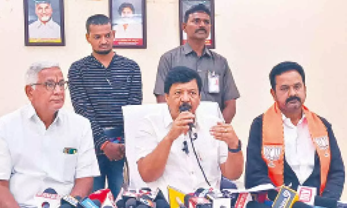 Minister for Tourism, Culture, and Cinematography Kandula Durgesh (Centre) addressing media in Nidadavolu on Sunday
