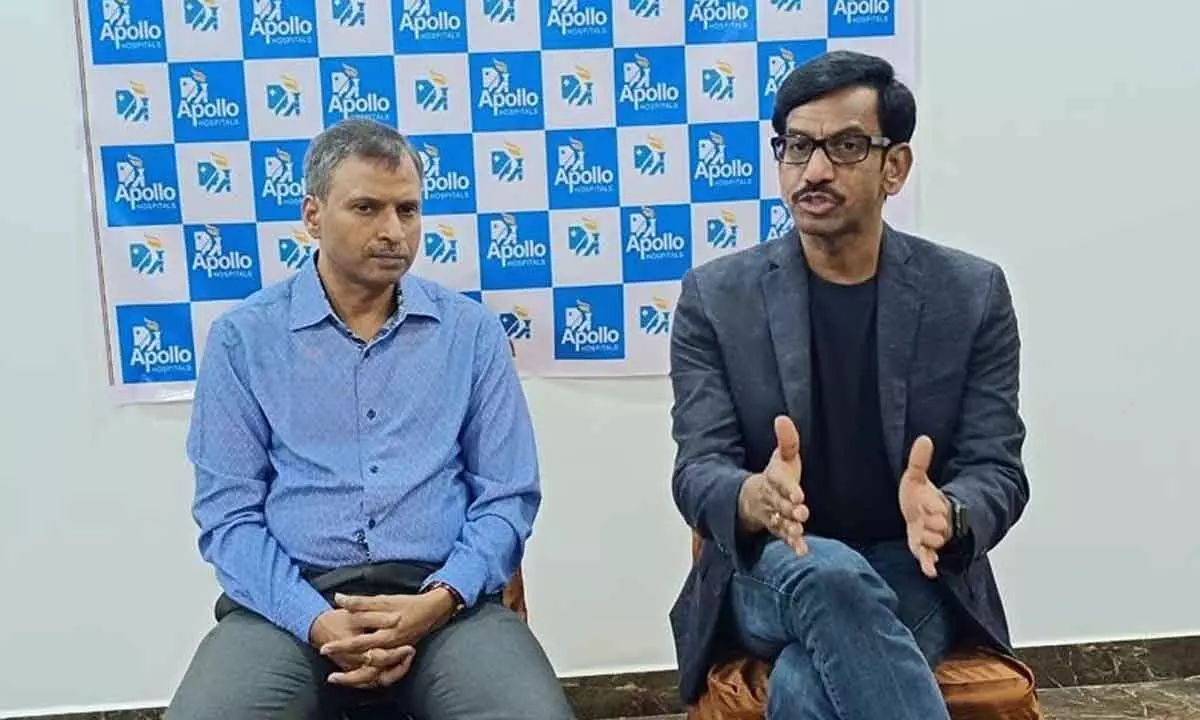 Dr YVC Reddy, interventional cardiologist explaining on the advanced technologies in treatment of heart diseases in Ongole on Saturday. Apollo Hospitals Chennai Senior GM V Nagarjuna Reddy is also seen
