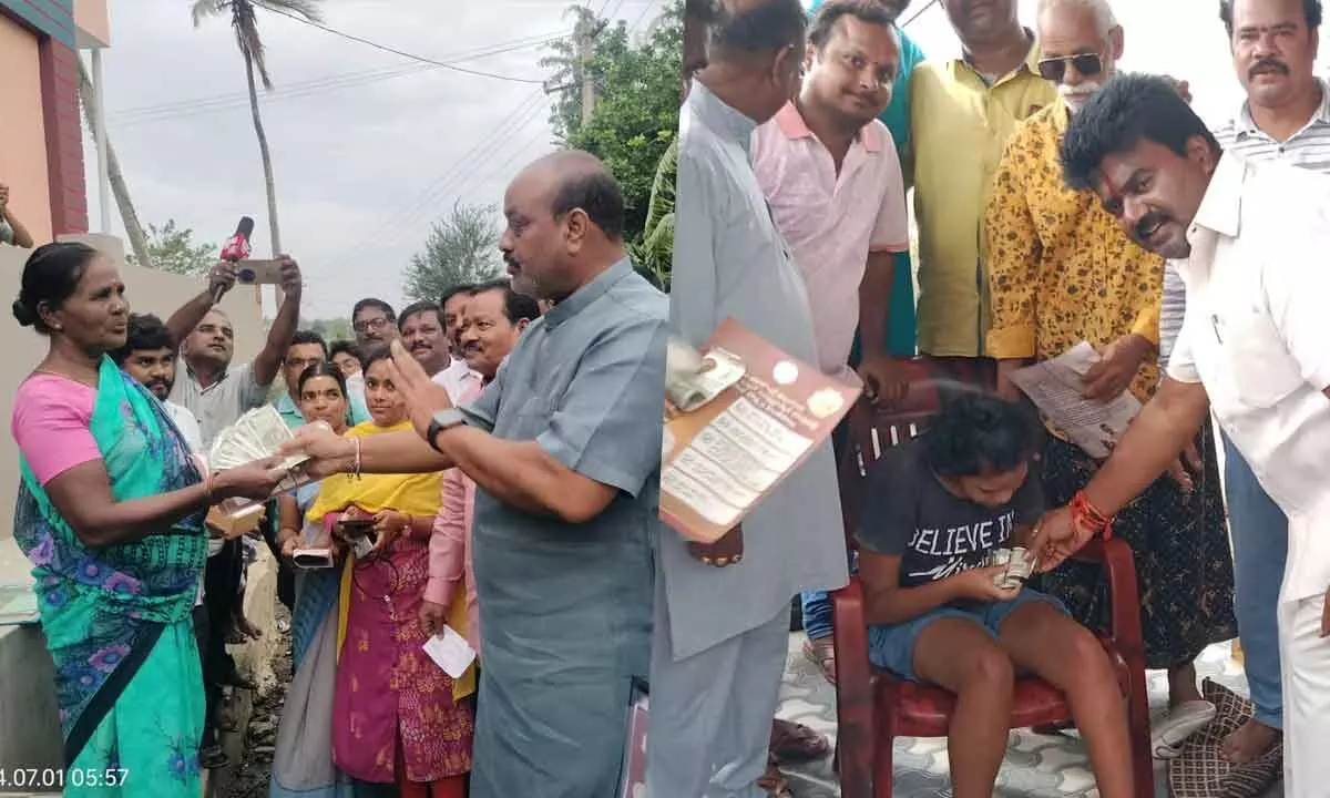 Minister Atchannaidu and MLA Ravikumar distributing pensions in Srikakulam