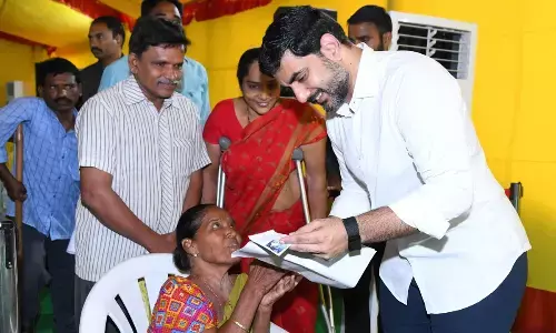Minister Nara Lokesh receives petitions from public as part of Praja Darbar at his residence in Undavalli on Tuesday
