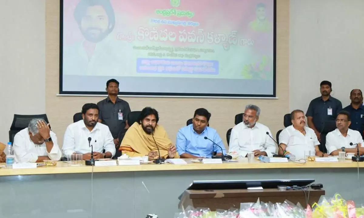Deputy Chief Minister Pawan Kalyan holds a review with officials of various departments at Kakinada district collectorate on Tuesday