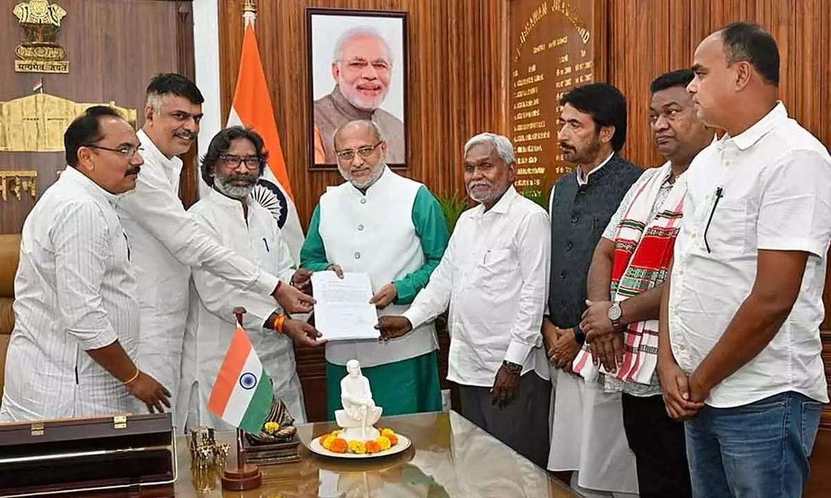 Jharkhand Governor CP Radhakrishnan receives the resignation letter from Chief Minister Champai Soren at the Raj Bhavan, in Ranchi on Wednesday