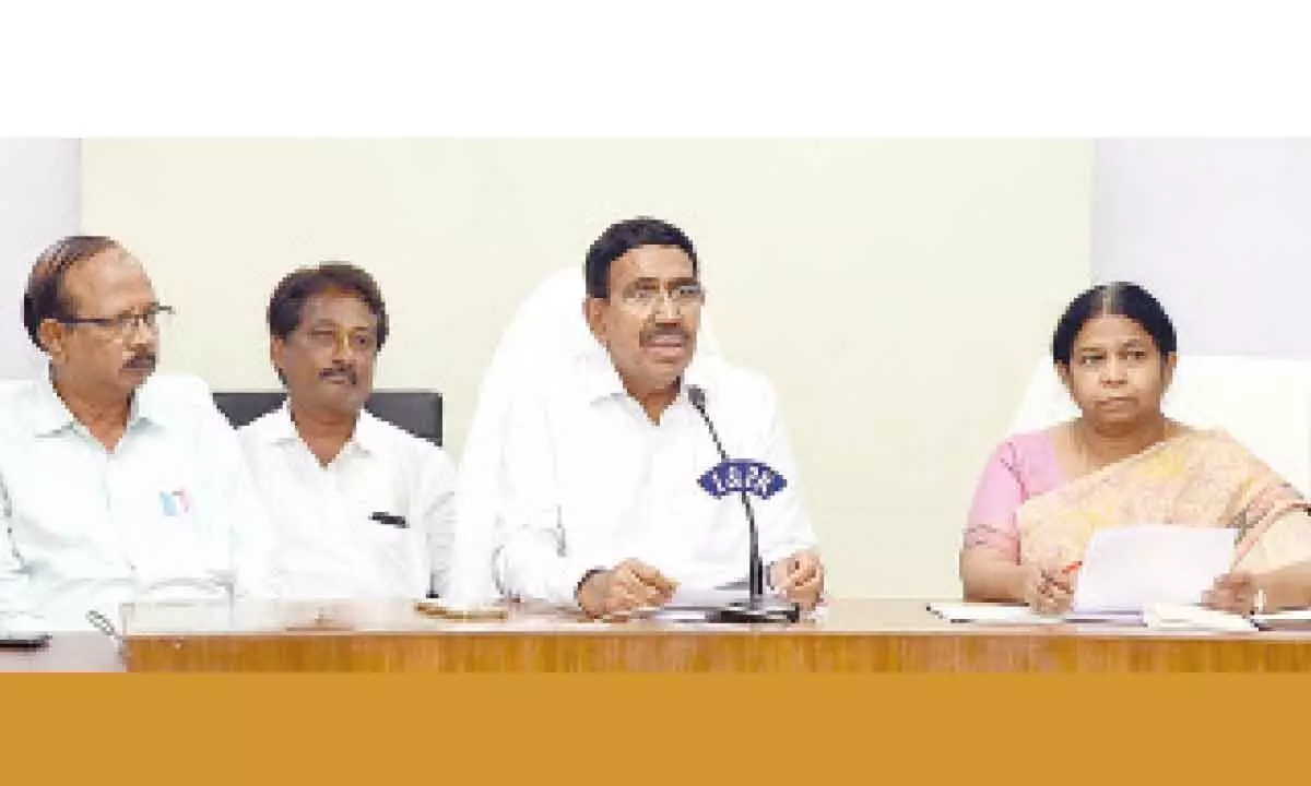 Minister for municipal administration and urban development P Narayana addressing a press conference at the Secretariat on Thursday