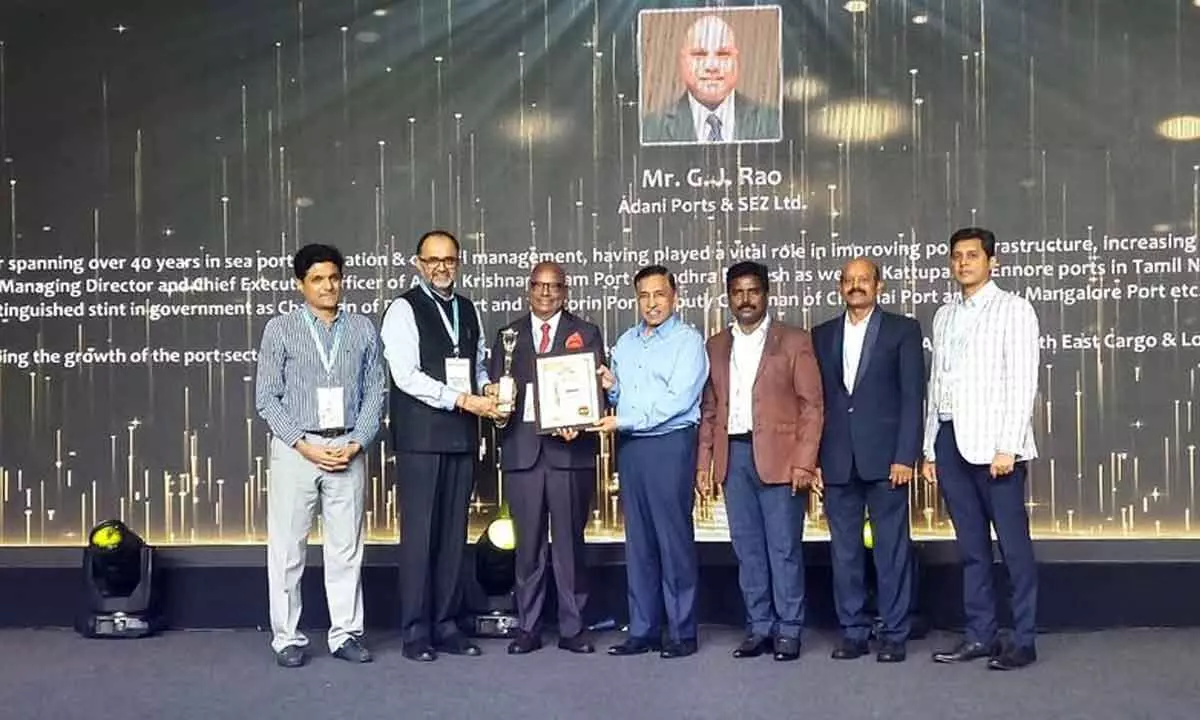 GJ Rao, CEO of Adani Krishnapatnam Port, receiving  Lifetime Achievement Award-2024 in Chennai