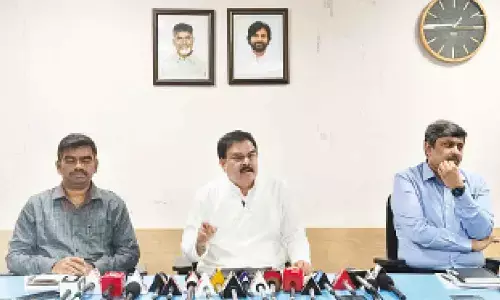 Civil supplies minister Nadendla Manohar speaking to reporters at AP Civil Supplies Corporation state office in Vijayawada on Thursday