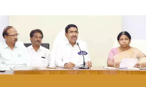Minister for municipal administration and urban development P Narayana addressing a press conference at the Secretariat on Thursday
