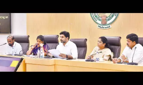 Home minister V Anitha gives details of deliberations of Cabinet sub-committee on ganja and drugs at the Secretariat on Thursday. Other members of panel Nara Lokesh, Kollu Ravindra, Gummidi Sandhya Rani and Y Satya Kuamar are also seen.