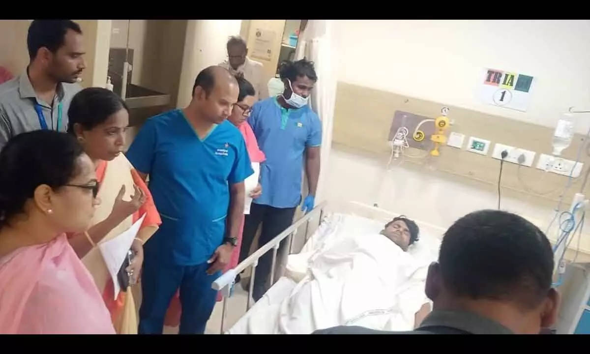 NTR District Collector G Srijana visiting the injured workers of the Ultra Tech cement factory at a private hospital on Sunday