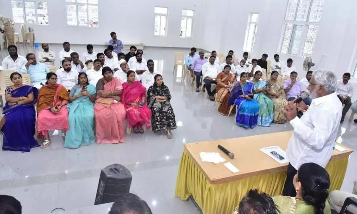 YSRCP regional coordinator Y V Subba Reddy addressing the party cadre in Visakhapatnam on Sunday