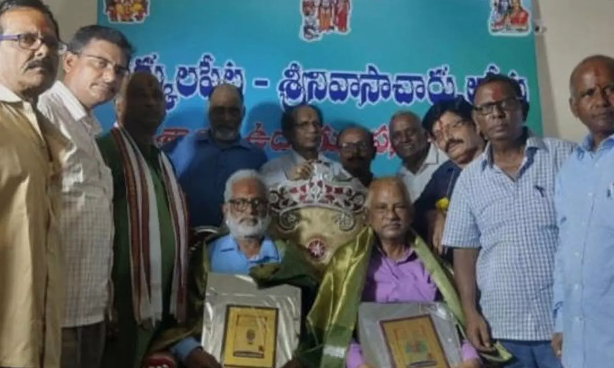 Retired employees being felicitated at Akkulapeta on Saturday