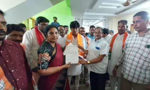 BJP leaders submitting petitions on various issues to MP Daggubati Purandeswari in Rajahmundry on Sunday