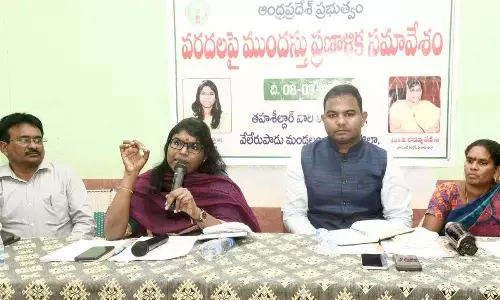 Collector K Vetri Selvi speaking at a preparatory meeting of officials on floods at Velerupadu on Monday