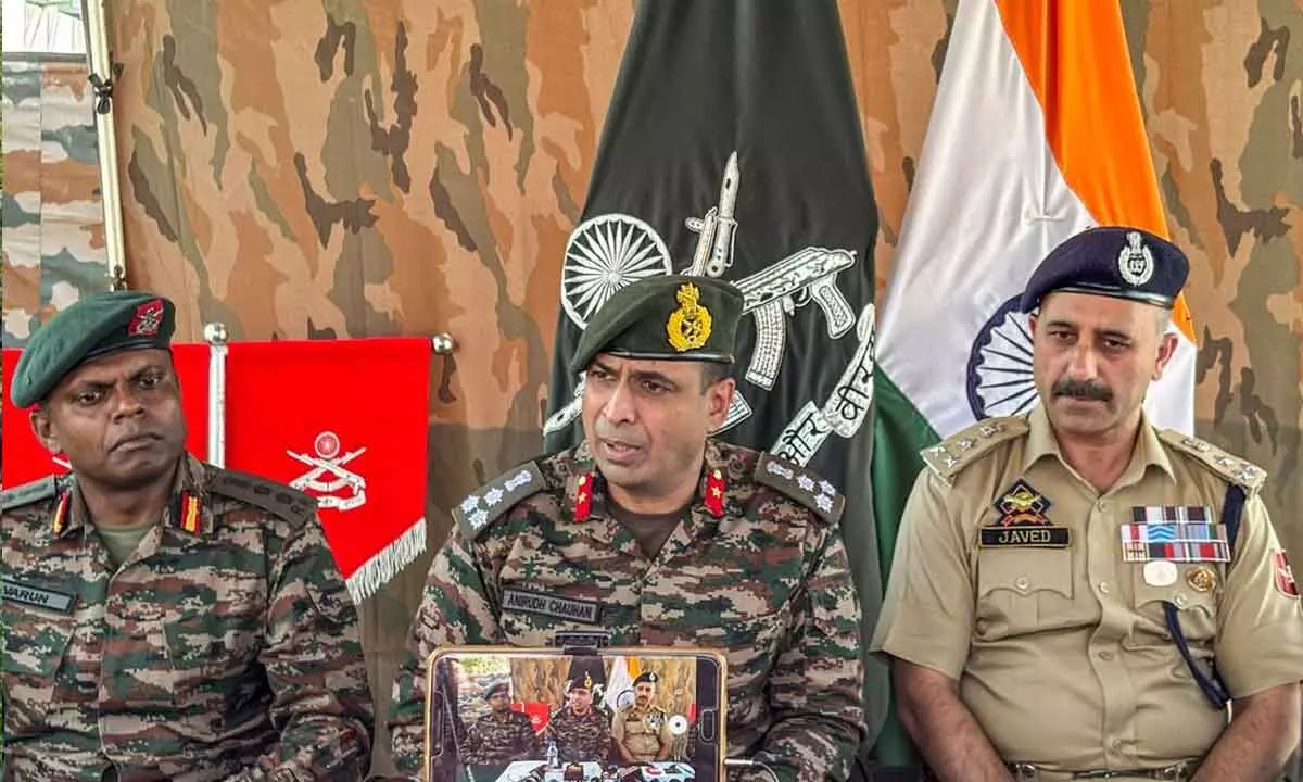 Army personnel address a press conference after carrying out an anti-militancy operation, in Anantnag district on Monday