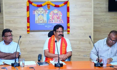 Srisailam temple EO D Peddiraju addressing a meeting on Sravana Masotsavams on Monday