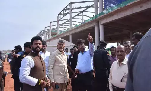 Chief Minister N Chandrababu Naidu inspecting the ongoing works of the Bhogapuram airport in Vizianagaram on Thursday