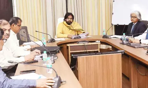 Deputy Chief Minister Pawan Kalyan in a review with officials of panchayat raj and rural development and Asian Infrastructure Investment Bank in Vijayawada on  Thursday