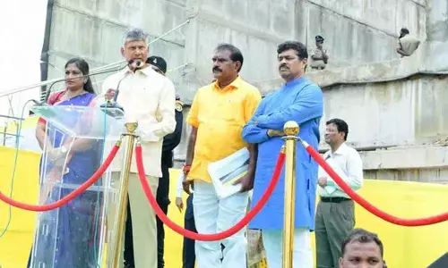 Chief Minister N Chandrababu Naidu speaks to media during his visit to left bank canal of the Polavaram project at Darlapudi in Anakapalle district on Thursday