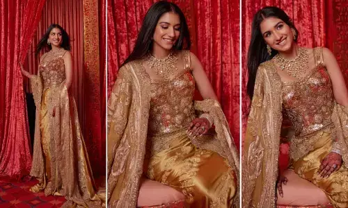 Newlywed Radhika Ambani Blends Desi and International Aesthetics with Sari-Silhouette and Golden Corset for Reception